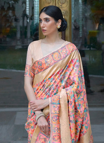 Enchanting Kashmiri Modal Handloom Weaving Work Orange Saree